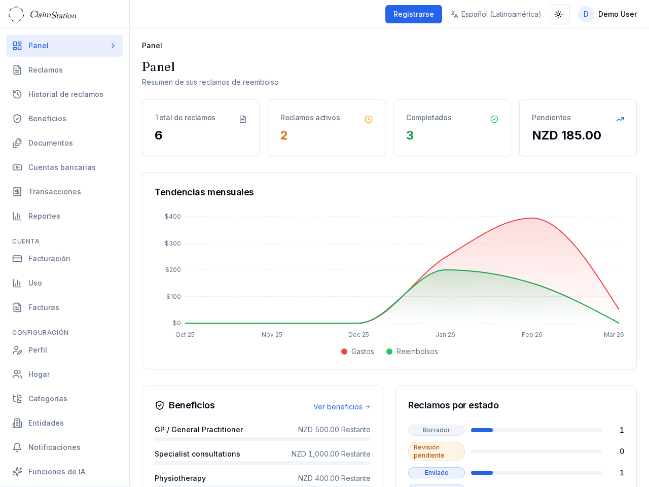 Panel de ClaimStation mostrando resumen de reclamos
